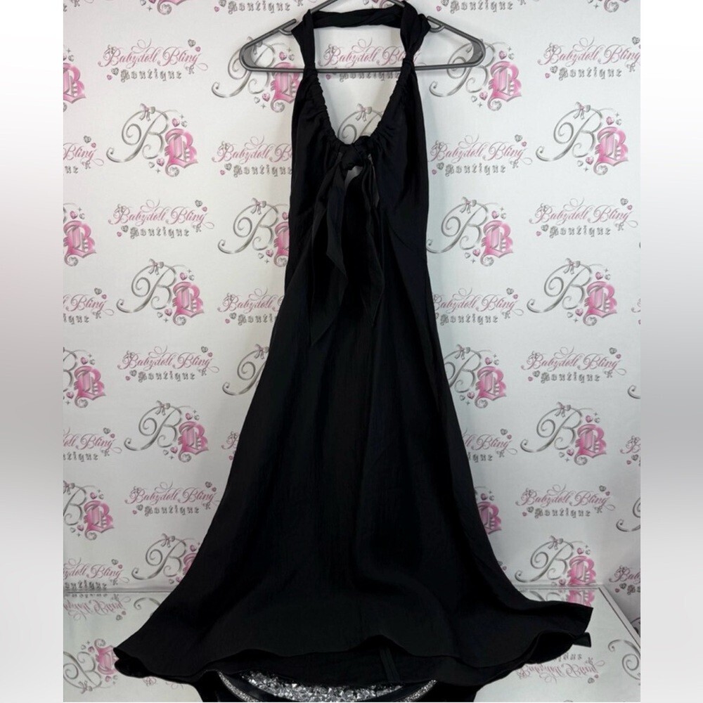 Sandro dress maxi long tie up ribbon bow front Paris France Black Halter Dress